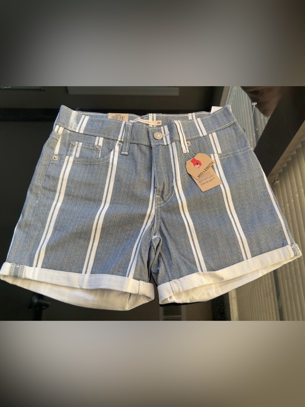 Levi's Blue and White Vertical Stripe Denim Shorts